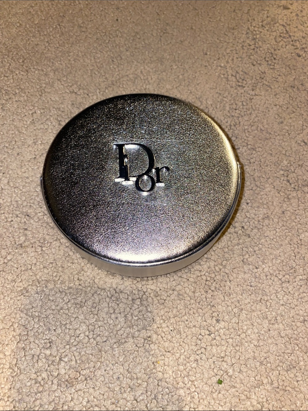 Dior Metallic Silver Round Compact with Embossed Logo